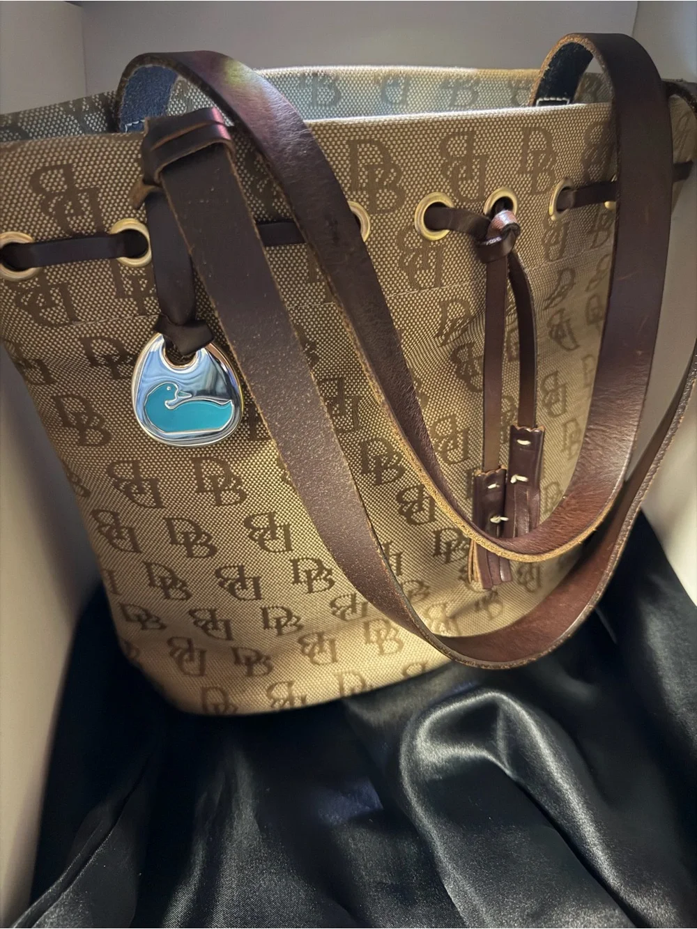 Vintage Dooney & Bourke Signature Monogram Bucket Bag, Teal Duck Fob, Made in US
